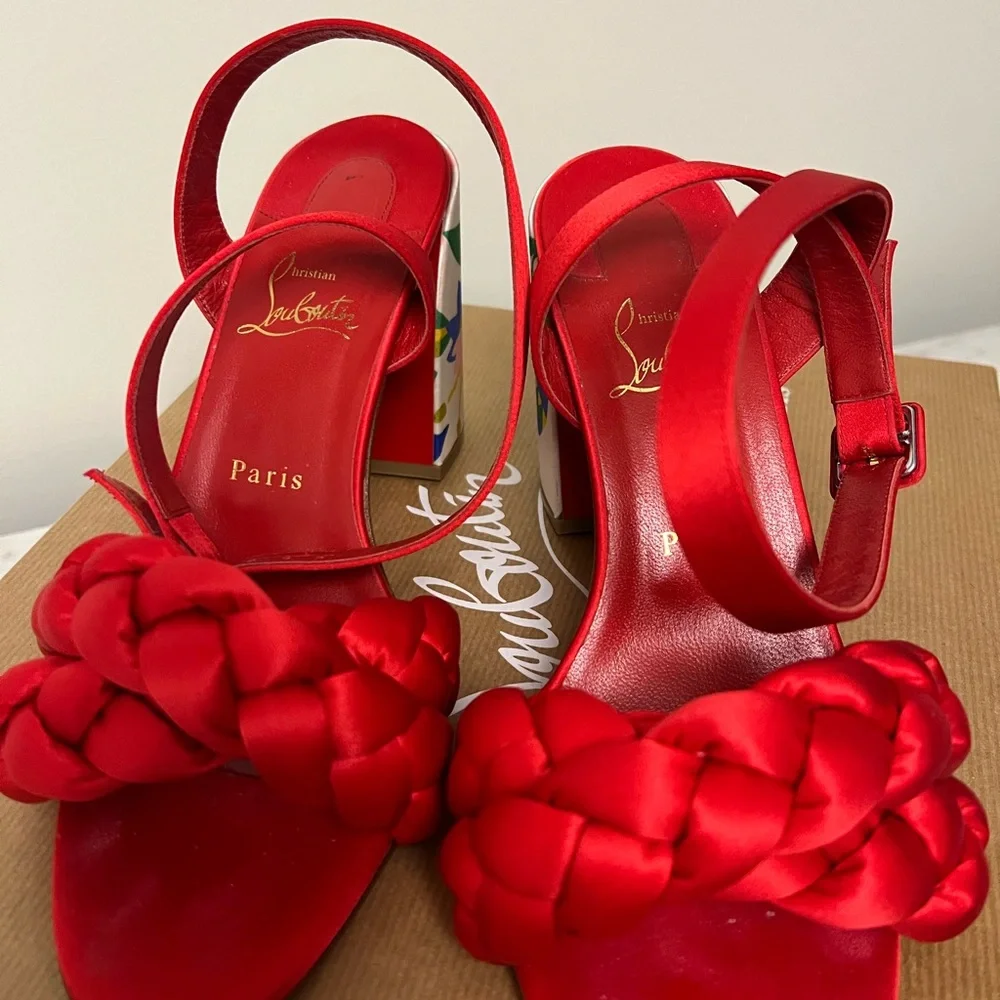 Christian Louboutin Red Satin Braided Block Heel Sandals with Painted Heel